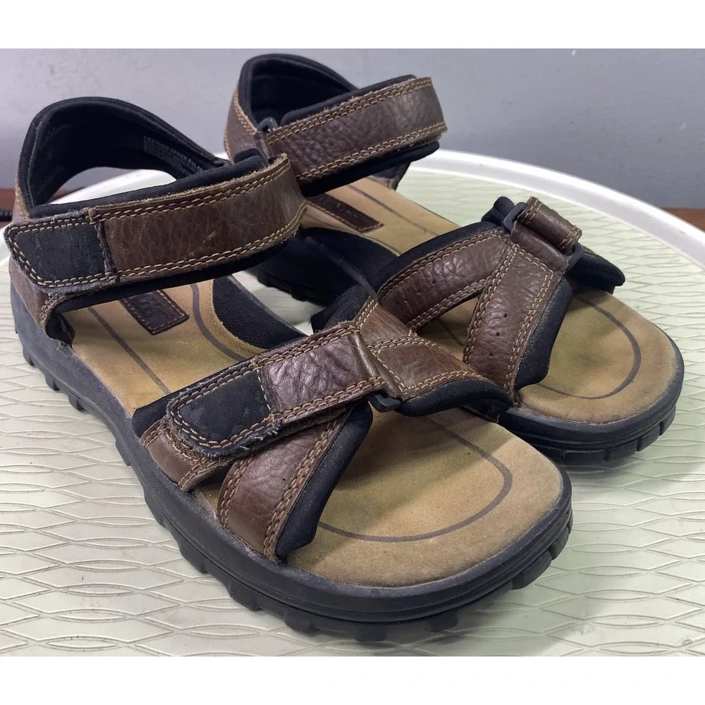 Cherokee Men's Leather Strappy Shoes Brown Hook & Loop Casual Sandals Sz. 9‎